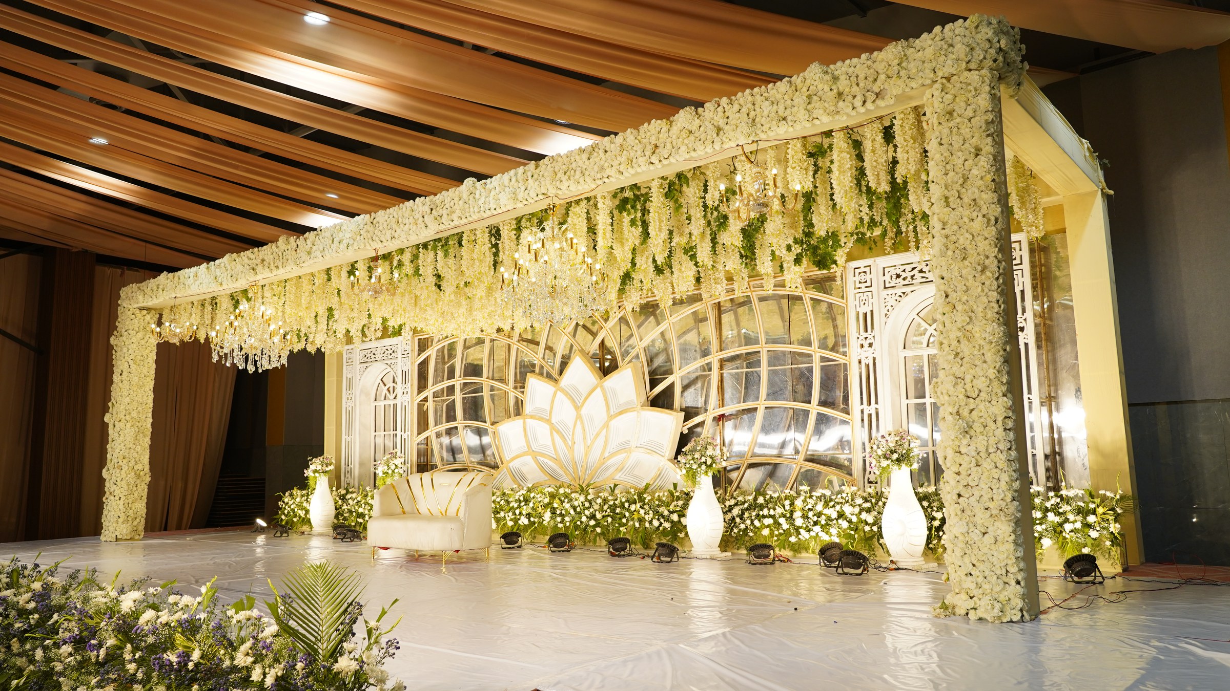 Decorated stage inside the Samruddhi air-conditioned hall
