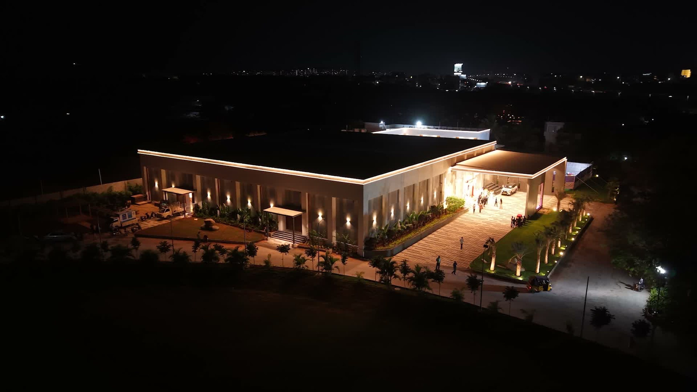 Illuminated aerial view of Samruddhi Conventions and Lawns in Janwada near Gandipet, Hyderabad